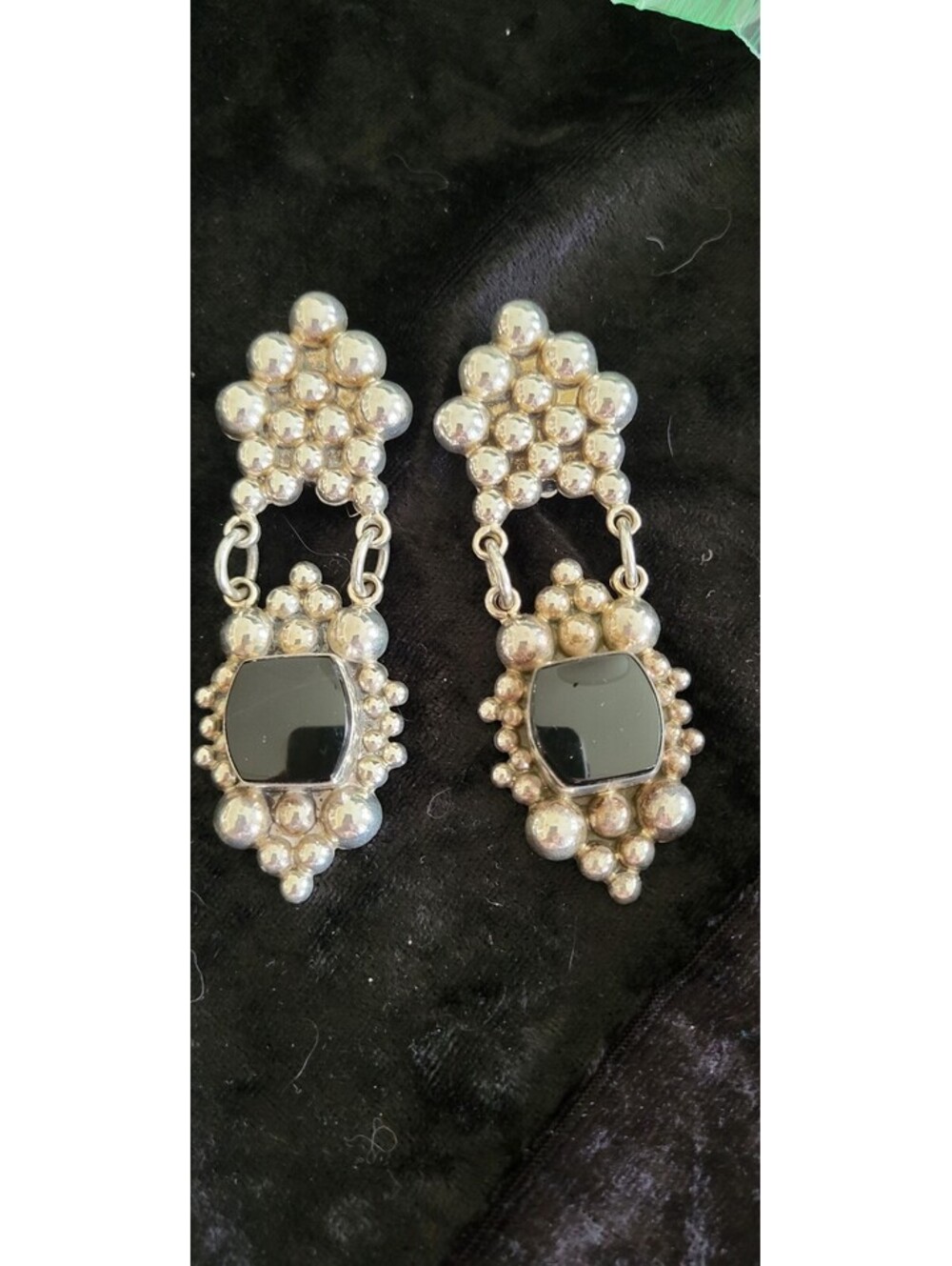 VTG Carsi Taxco 92.5 Black Onyx Dangle Clip-on Earrings
